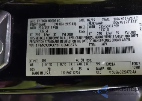 2015 Ford Escape Se from USA, damaged, VIN 1FMCU0G73FUB40576